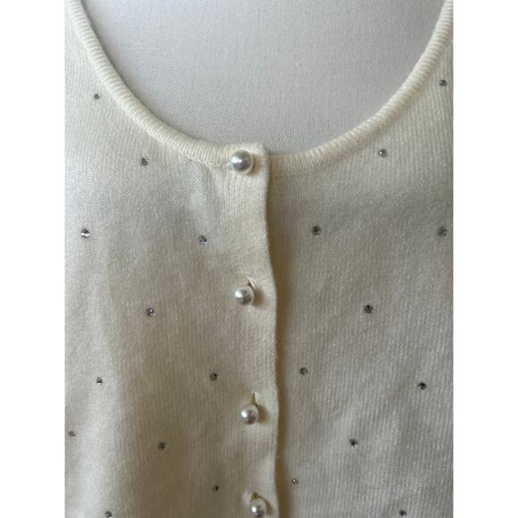 ASOS Cream White Scoop Pearl Button Rhinestone Sparkle Cardigan Coquette - Picture 2 of 7